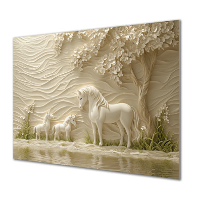 Cream Mythical Family Of Unicorns III - Abstract Metal Wall Art Decor, Unicorns Metal Print