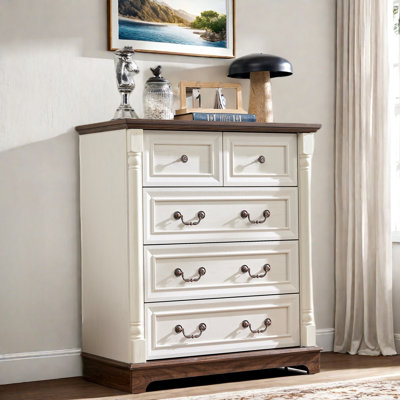 Farmhouse Dresser With 5 Drawers, Two-tone Finish, Columns Desgin And Elegant Handles