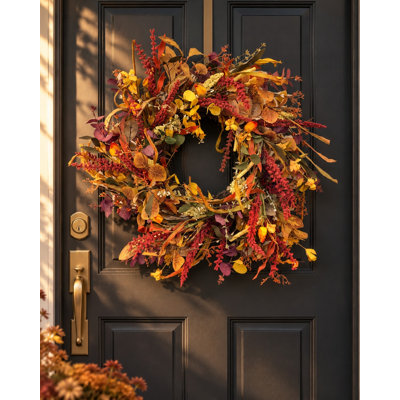 Couronne d'automne de 61 cm (24 po) avec épis d'herbe rougeâtre et feuilles d'automne mélangées, couronne rustique artificielle pour la porte d'entrée, décoration de ferme pour l'Action de grâce