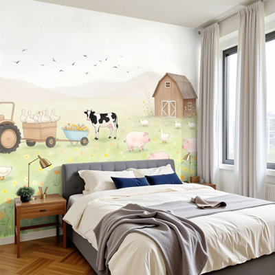 Peel and Stick Wallpaper Whimsical Farm Scene Tractor Barn Pastel Farm Animals Soft Watercolor Wall Murals 100"H x 144"W Removable PVC Wall Paper Self-Adhesive Wall Decor for Bedroom Living Room Nursery