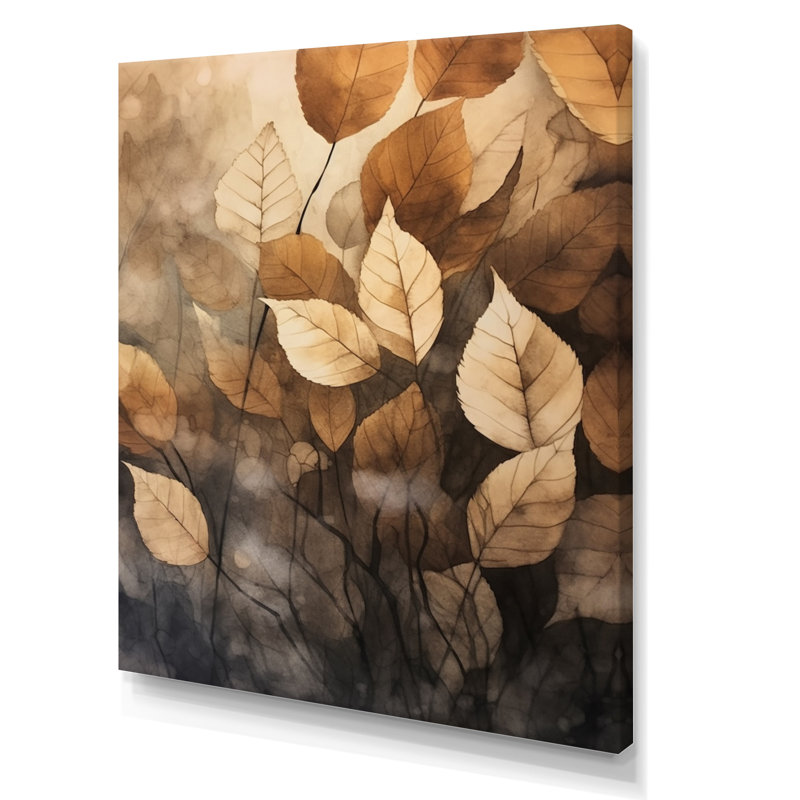 Art mural sur toile botanique, impression de feuille beige brun - Harmonie des feuilles beige brun, Toile tendue
