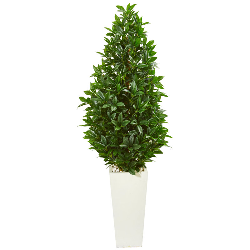 63 po Arbre artificiel topiaire conique en feuille de laurier en pot de fleurs blanc résistant aux rayons UV (intérieur / extérieur)
