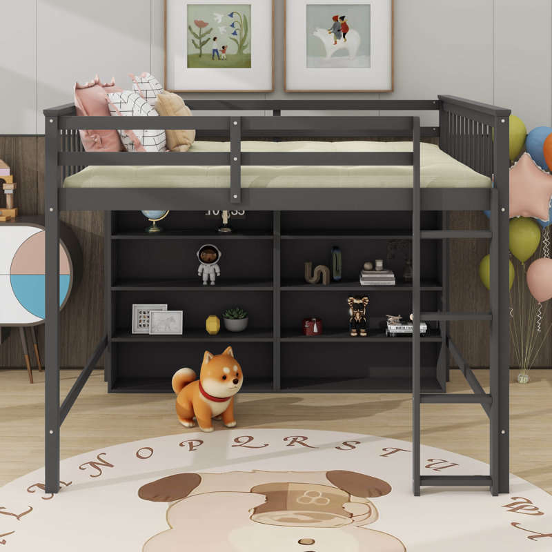 Lit mezzanine double avec 8 tablettes ouvertes, Gris antique