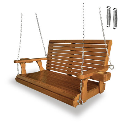 Wooden Porch Swing 2-Seater, Bench Swing with Cupholders