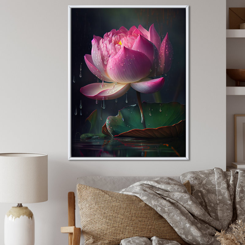 Magnifique lotus rose sur toile, Cadre flottant blanc, H 20 po x l 12 po x P 1 po