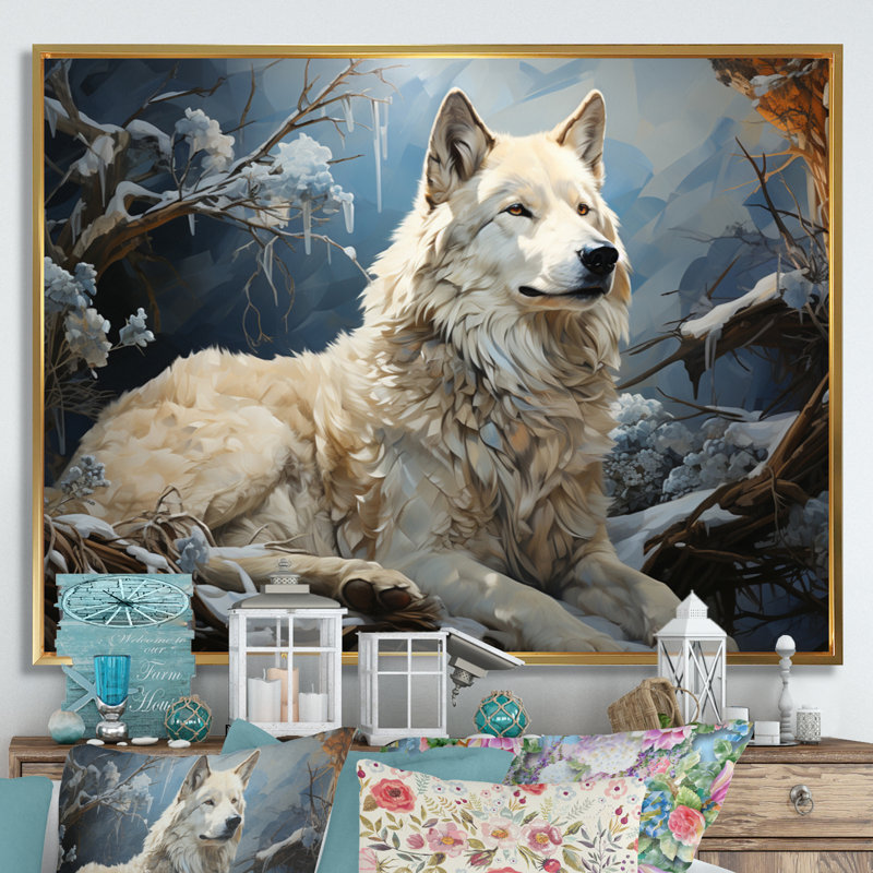 «Wolf Watch In Winter Patchwork III», reproduction d'art sur toile, Cadre flottant doré, 34" H x 44" W