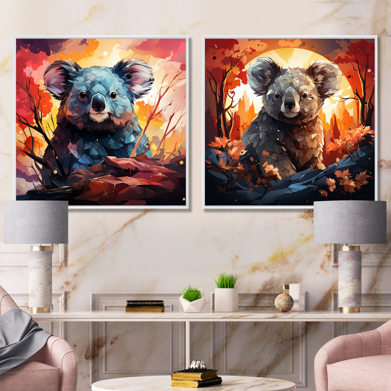 Koala Fiery Sunset I - ensemble de 2 reproductions d'art mural Koala, Cadre flottant blanc, H 30 po x l 61 po x P 1 po