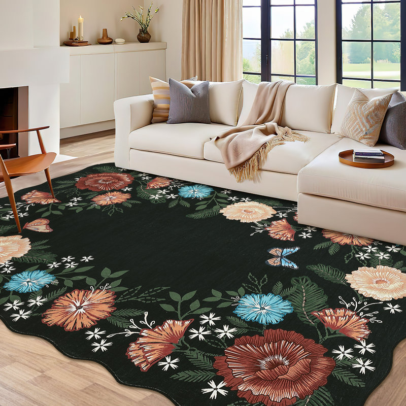 Floral Area Rug – Modern Washable Non-Slip Carpet for Living Room, Bedroom, Dining, Nursery, Office – Soft, Mark Resistant, Low-Pile, Scalloped Farmhouse Accent Decor (Black, Pink, Yellow)
