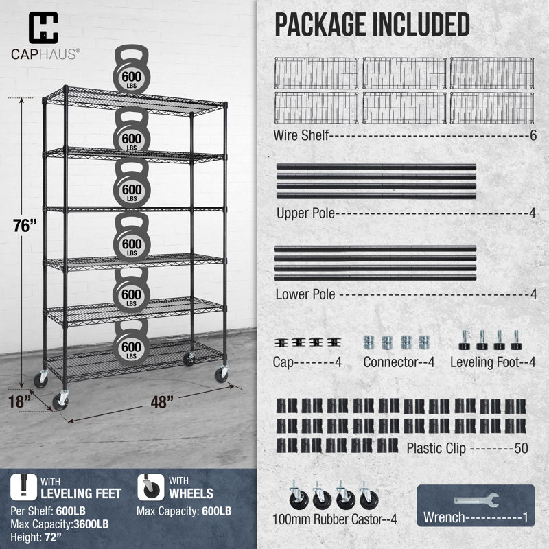 NSF Heavy Duty Commercial 6-Tier Wire Shelving w/ Wheel & Levelling Feet, Black 48" x 18" x 76"
