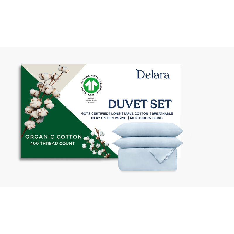 Delara GOTS Certified 100% Organic Cotton Sateen Duvet Cover Set, 400TC, Long Staple, Soft & Breathable, Light Blue