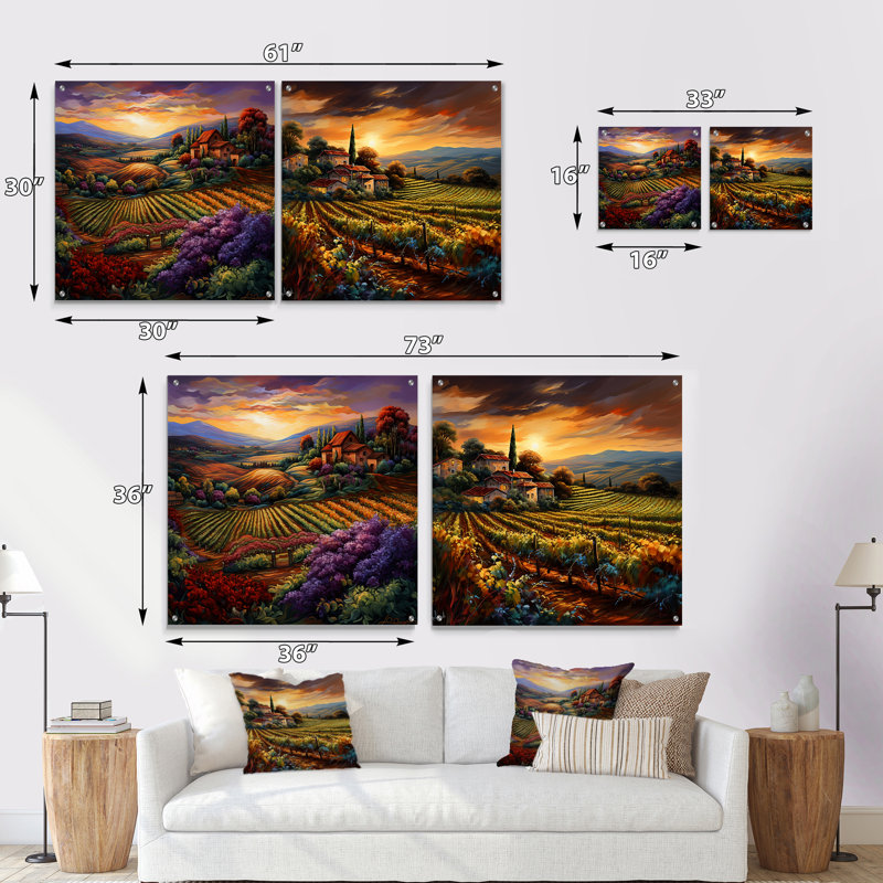 Vineyard Charm Vivid liquide Art - ensemble de 2 art mural en verre acrylique Vineyard, H 16 po x l 33 po