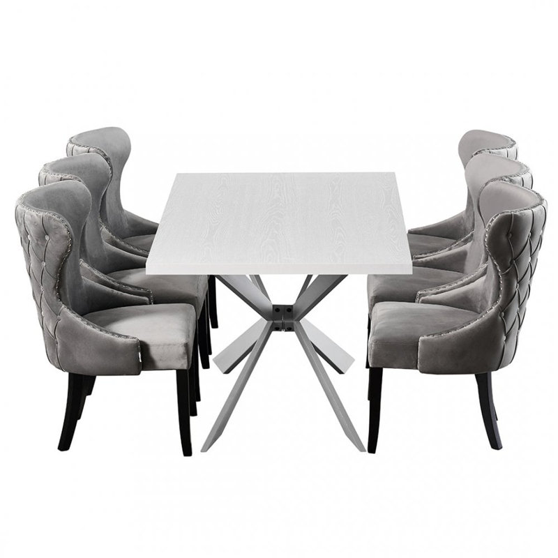 Devries 6 Person Dining set - a Rectangular Wooden Dining Table with Metal Legs and a Set of 6 Quilted Velvet Dining Chairs for Dining Room - Modern Dining Table Set