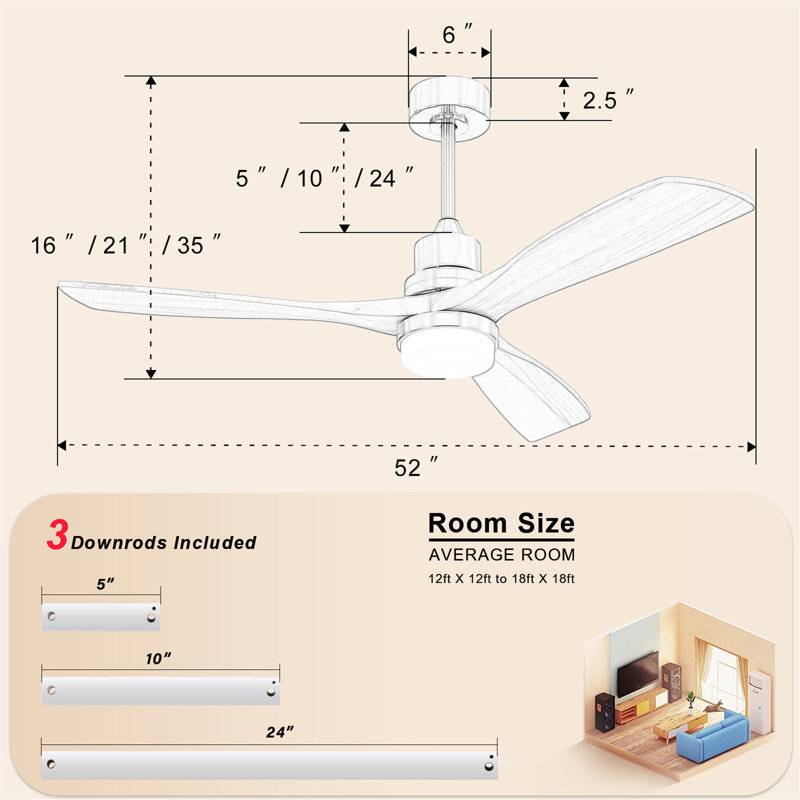 Ventilateur de plafond 52 pouces avec moteur à courant continu réversible à 3 vitesses et 3 lumières à DEL à intensité variable pour la chambre à coucher