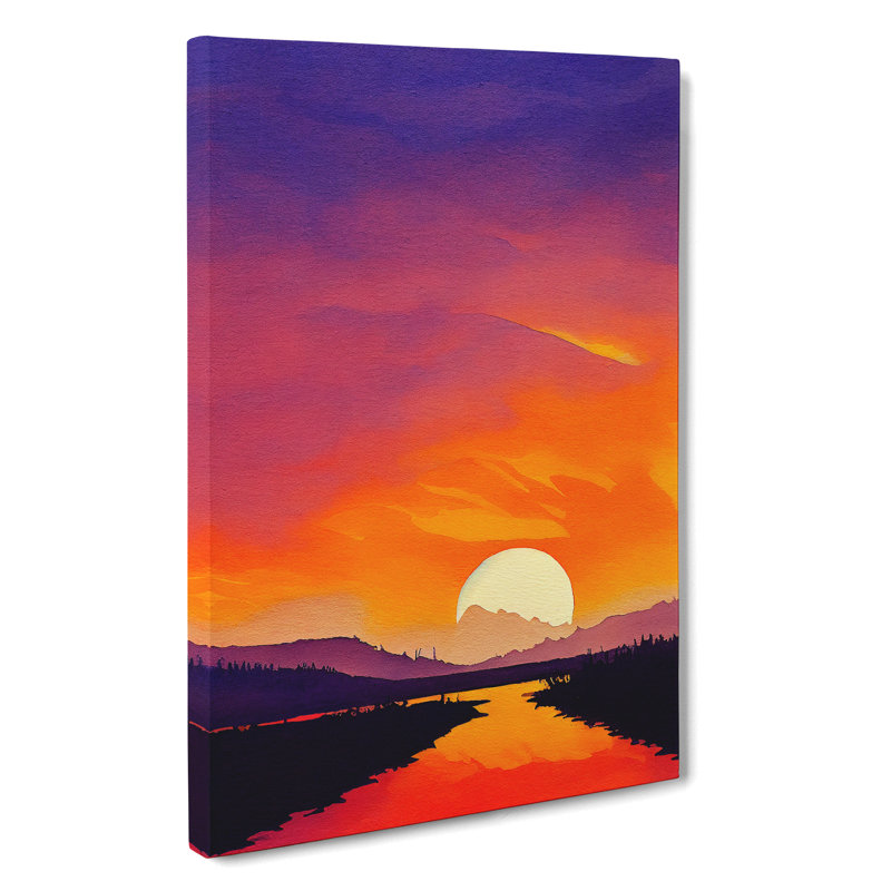 Sunset Lake Watercolour No.2 - Wrapped Canvas Painting, 76cm H x 50cm W x 3cm D