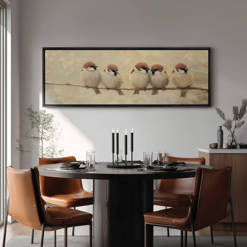 Art mural encadré, charmants moineaux assis sur une branche dans des tons neutres doux - 16 po x 24 po, 24 po x 36 po, Noir
