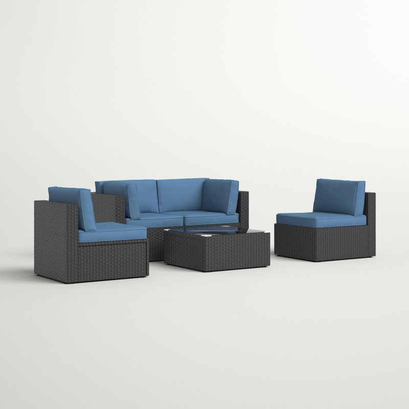 Ensemble de patio extérieur en osier pour 4 personnes Seville avec coussins, Marine