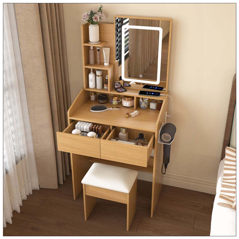 Table de coiffeuse compacte avec miroir à DEL, prise de courant et tabouret