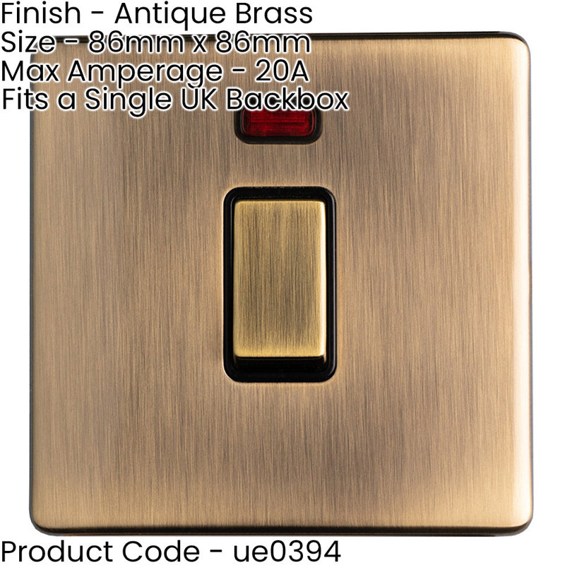 2 PACK 1 Gang Single SCREWLESS 20A Switch & Neon ANTIQUE BRASS & BLACK 3mm Slim, Antique Brass