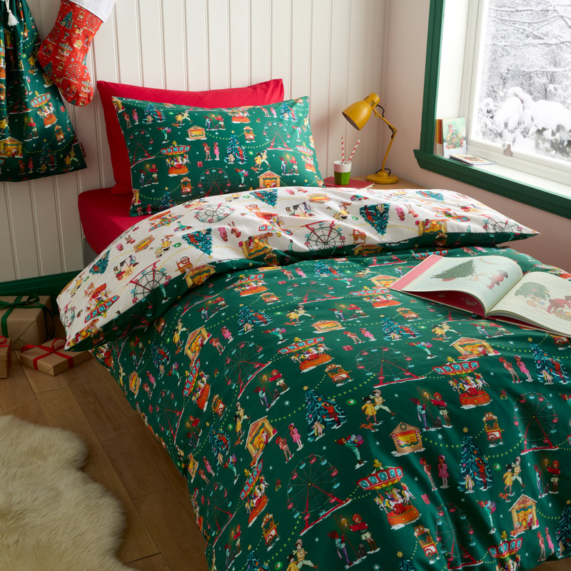 Christmas Fairground Cotton Duvet Cover Set, Double Duvet Cover Set + 1 additional Pillowcase