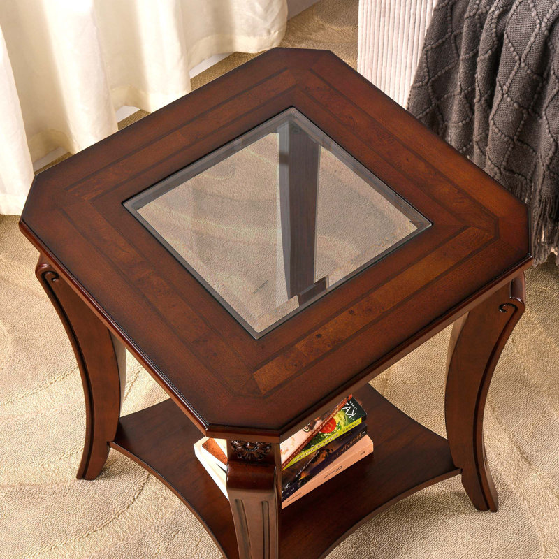 Traditional Wood End Table  And Curved Legs, Glass