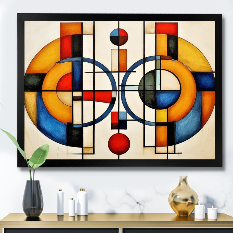 Jaune et bleu, Explorant les dimensions - formes abstraites, art mural, H 34 po x l 44 po x P 1,5 po, Cadre simple noir