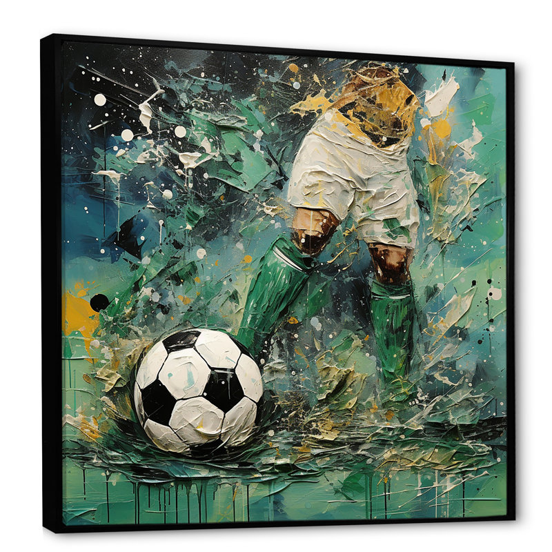 Joueur de soccer abstrait vert - art mural soccer, Cadre flottant noir, H 36 po x l 36 po x P 1,5 po