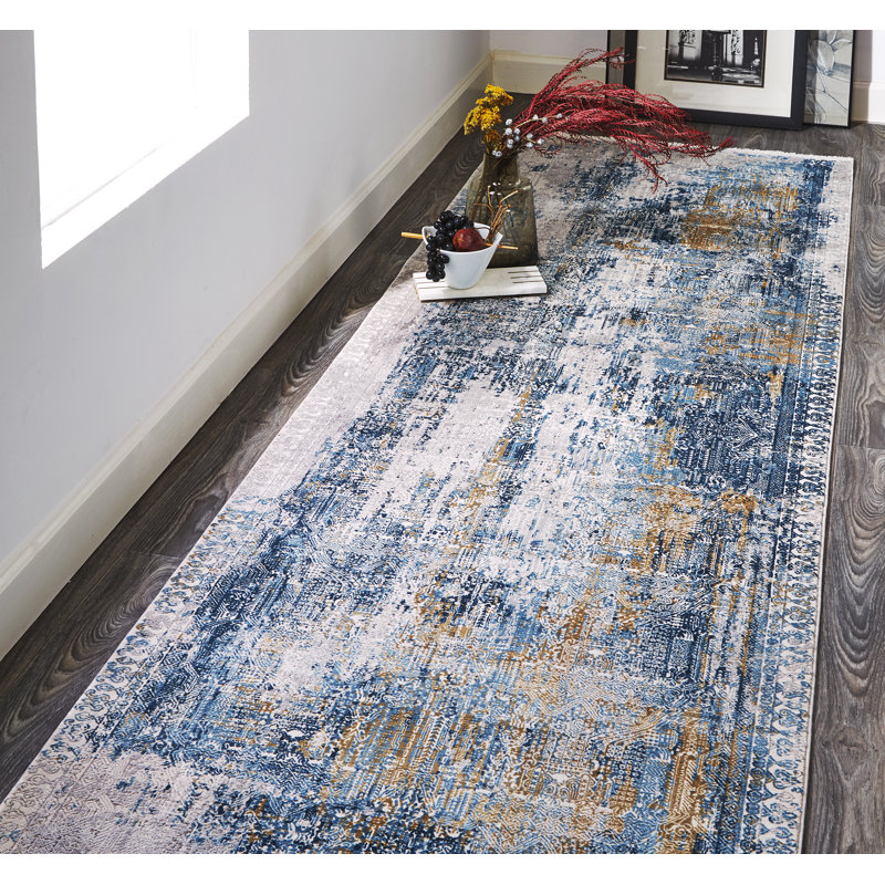 Tapis bleu / gris Whitten, Tapis de couloir 3 pi 1 po x 10 pi