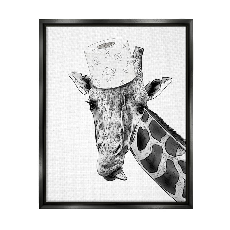 Girafe et papier hygiénique par Annalisa Latella, Cadre flottant noir de jais, H 31 po x l 25 po x P 1,7 po