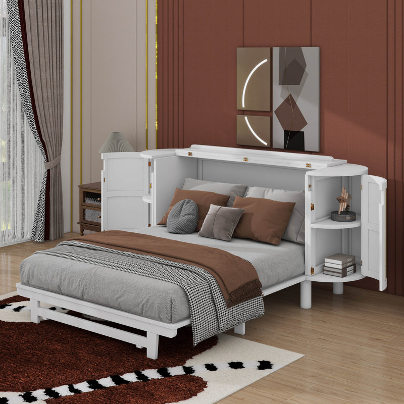 Lit escamotable avec rangement caché et conception tissée moderne, Blanc, Grand lit