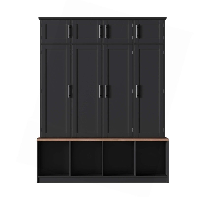 Farmhouse Hall Tree With 4 Hidden Hanging Hooks,Versatile Seating Bench With 8 Doors,Entryway Shoe Cabinet With Open Compartment For Living Room