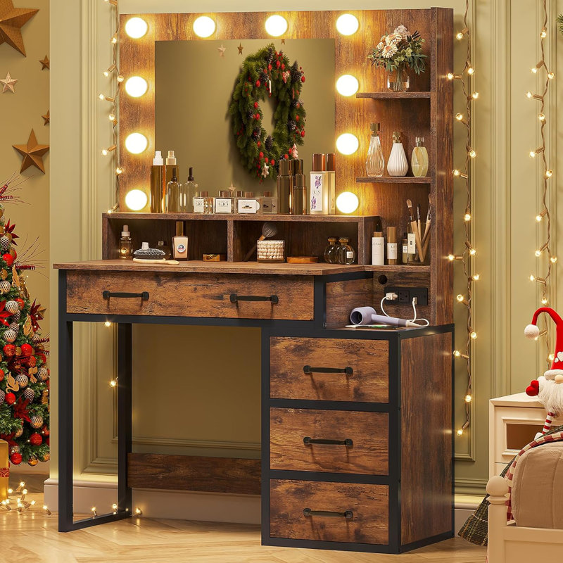 Retro dressing table with 3 colours lights Charging station with 2 USB ports and sockets