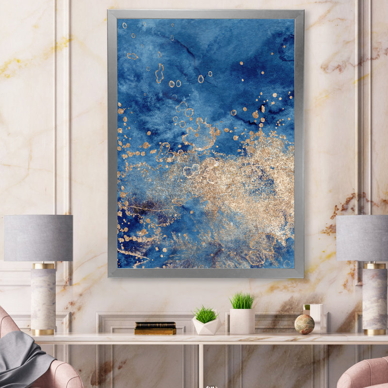 Abstrait classique bleu et or II - peinture sur toile, H 44 po x l 34 po, Cadre de coin argenté fermé