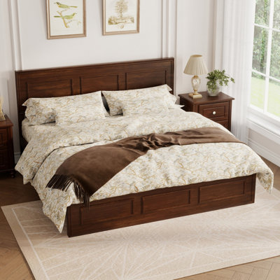 Farmhouse Wooden Bed Frame, Adjustable Headboard, Sturdy Wood Slat Support, Rustic Raised Panel Bedroom Platform Bed
