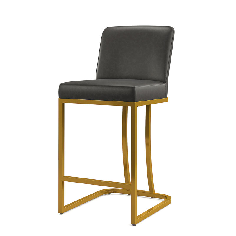 Dakori 24'' Upholstered Grey Counter Stool with Gold Metal Frame& Faux Leather Padded Full Back 