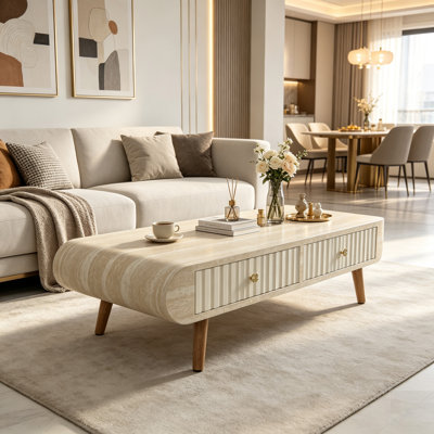 Table basse moderne Mid-Century avec plateau en faux marbre, tiroir cannelé et pieds en bois massif pour le salon et la salle à manger