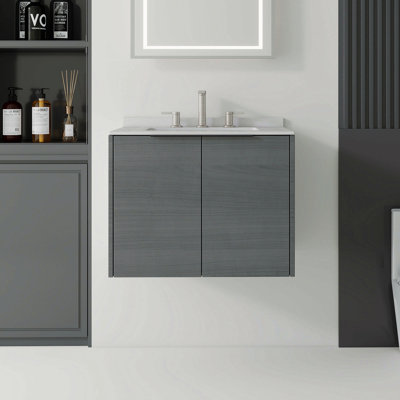 Meuble-lavabo flottant 24 po avec lavabo, porte à fermeture douce, comptoir et dosseret en marbre de culture blanc granit 0,6 po