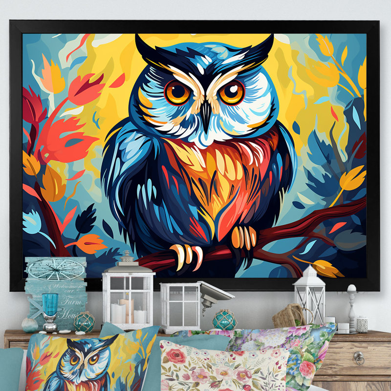 Chouette colorée Popart Watchers III - hibou, art mural animal, Cadre d'angle fermé noir, H 30 po x l 40 po x P 1,5 po