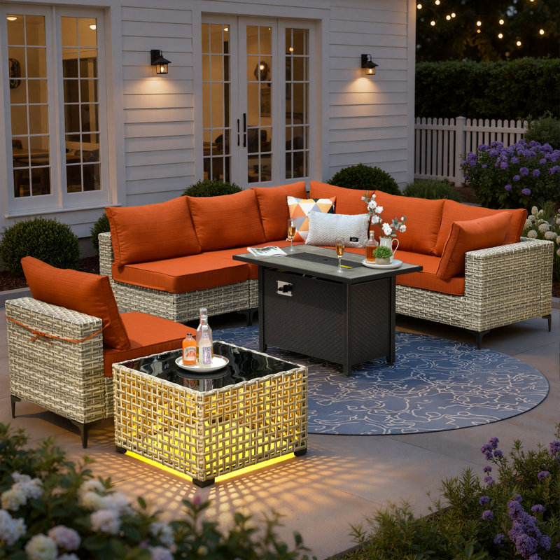 Mobilier d'extérieur en rotin pe haute densité, 6 places avec table de cuisson et table de bout lumineuse, Orange