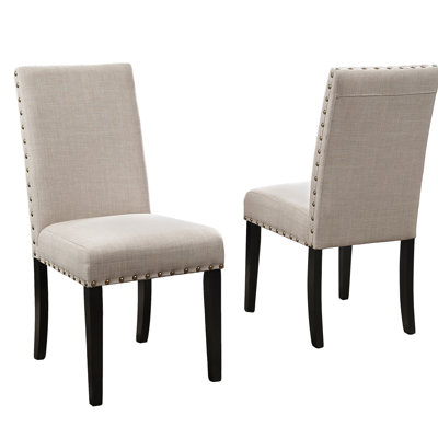 Tan Dining Chair , 2 Chairs. Hardwood Base, Tan Linen & Cotton Upholstery, Accent, 18.61"W X 25.43"D 38"H 2 Chairs With Nailhead Trim. Frame, -Colored Seat. X