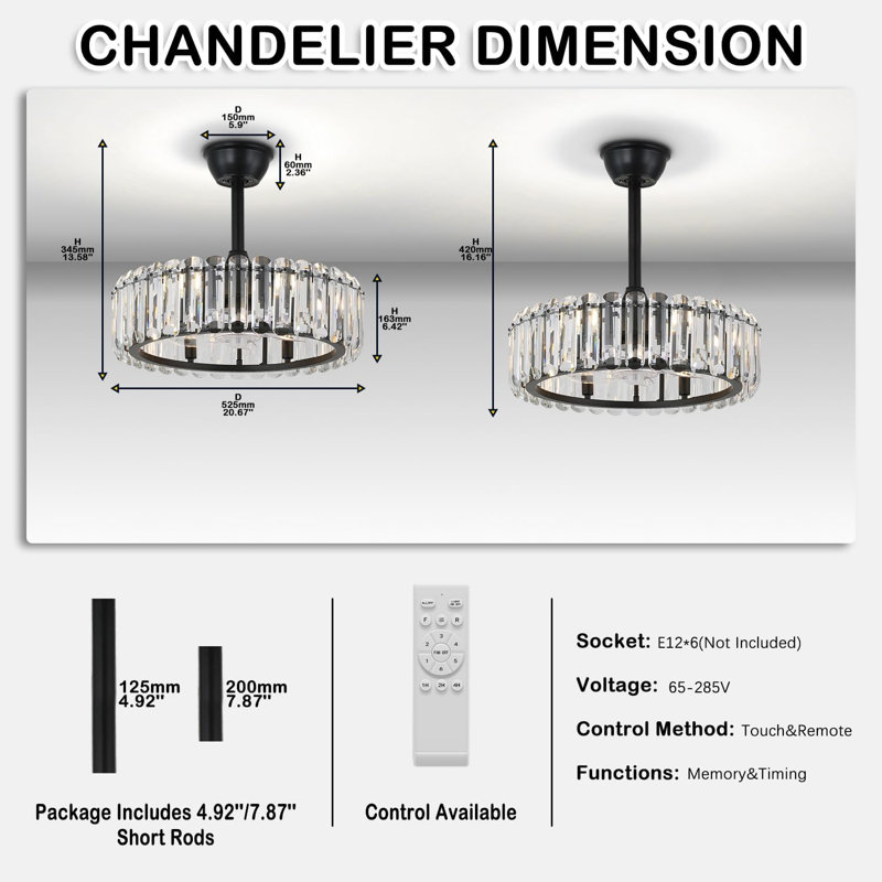 Crystal Ceiling Fans With Lights And Remote, 20 Inch Modern Fandelier Ceiling Fan With Light Adjustable Height Chandelier Fan For Dining Room Living Room Kitchen, Black