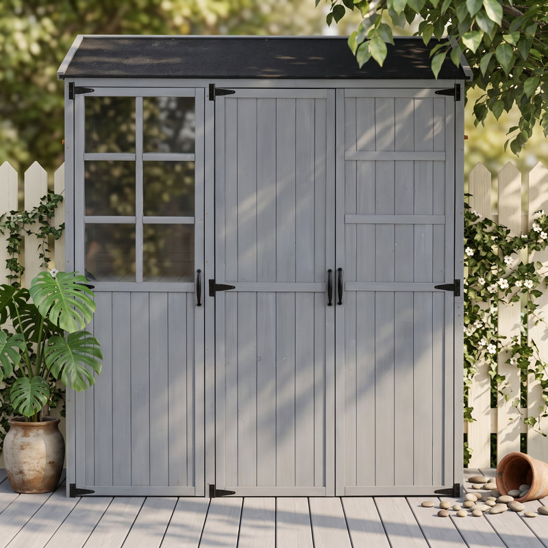 Remise de jardin d'extérieur en bois de sapin avec toit imperméable, 3 portes, tablettes réglables, 2 tiroirs, 6 crochets et poste de travail intérieur