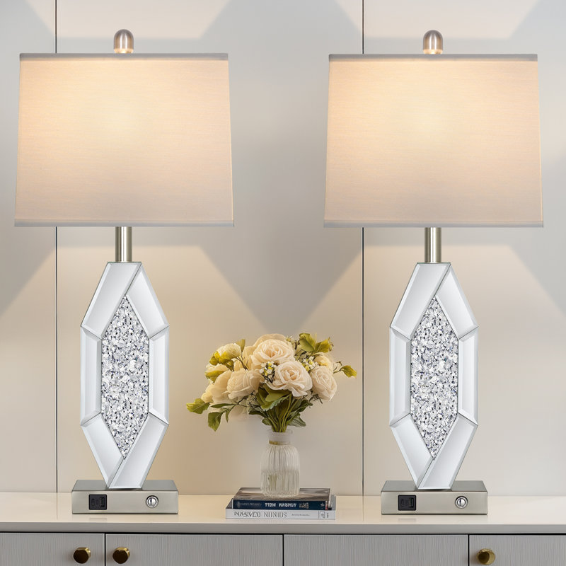 Lampe de table moderne en miroir 27,5 po avec USB et commande tactile de type C à 3 voies, Argent argent, Ovale