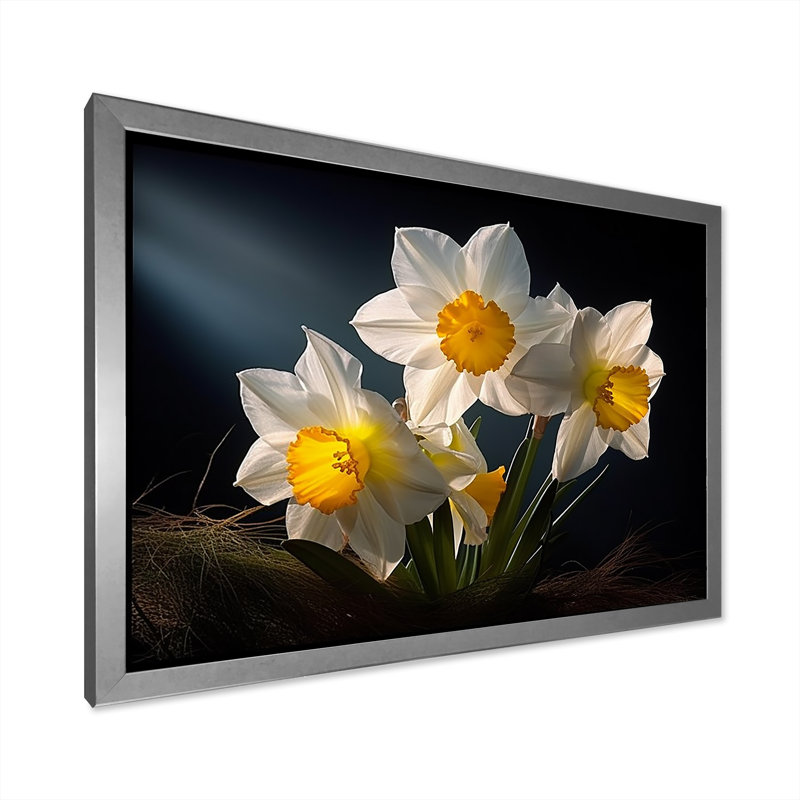 " White And Yellow Daffodils Flower ", Silver Single Picture Framed, 24" H x 32" W x 1" D