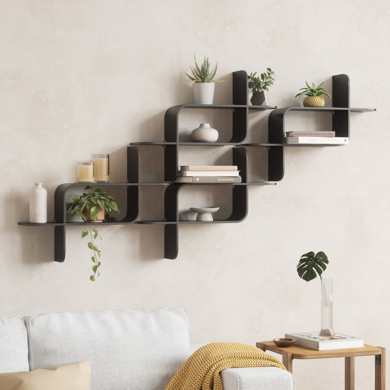 Black Rubberwood Modern Floating Wall Shelf Set