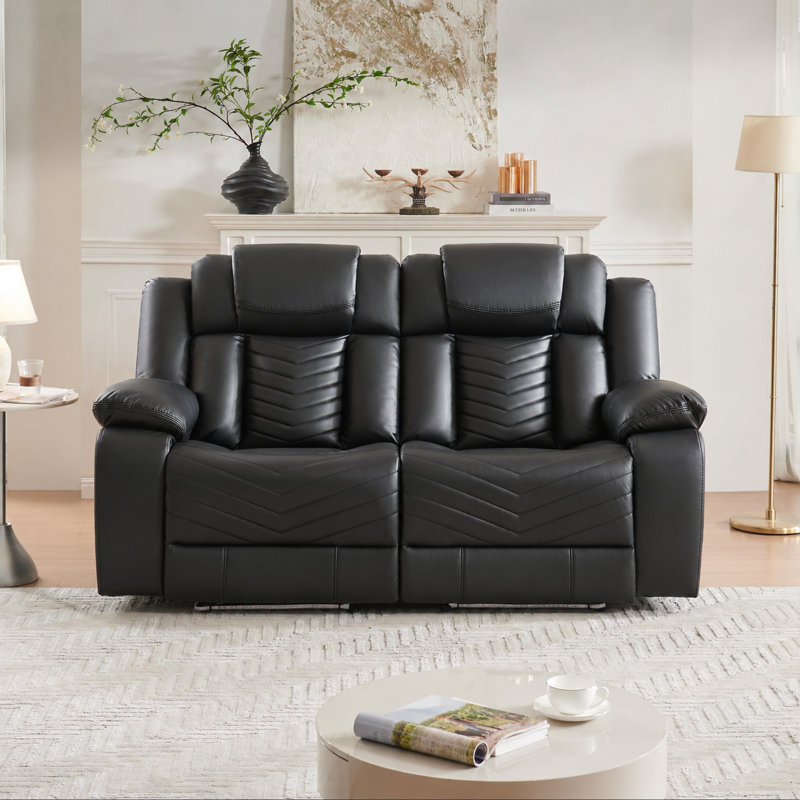Black Wave Stitched Faux Leather 2‑Seat Manual Recliner Loveseat with Blue LED Base Ambient Lighting, Home Theater Reclining Sofa for Basement Media Room