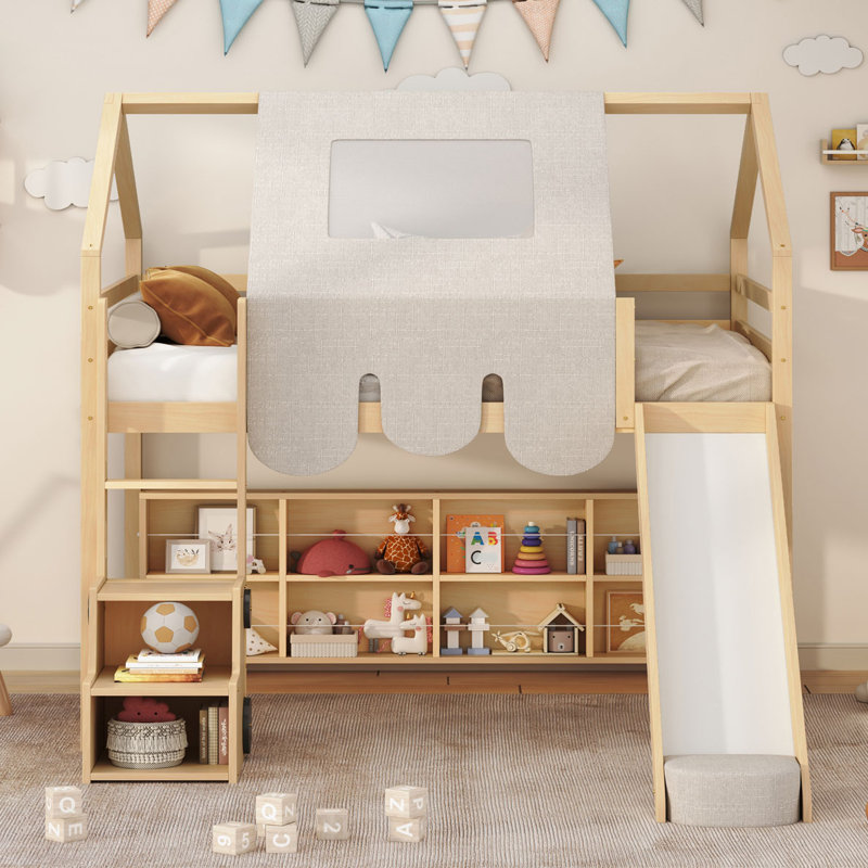 Lit de rangement en bois, Naturel / Beige, Double