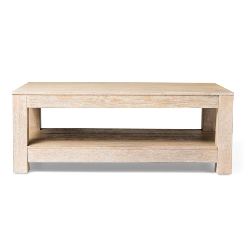 Weathered White Rectangular Wooden Coffee Table with Storage Shelf