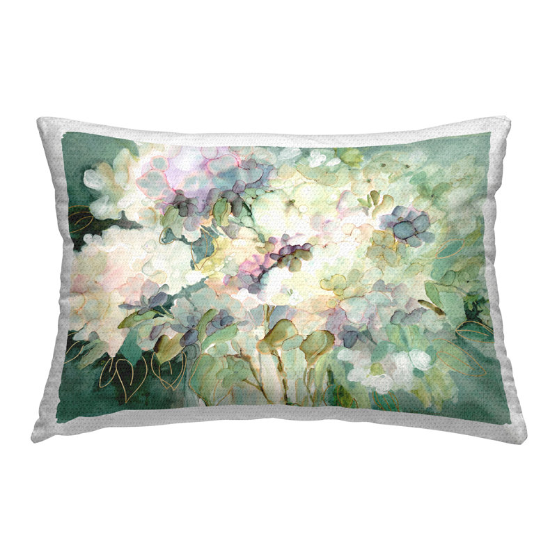 Coussin décoratif d'extérieur à motif de fleurs d'hortensia doré par Carol Robinson