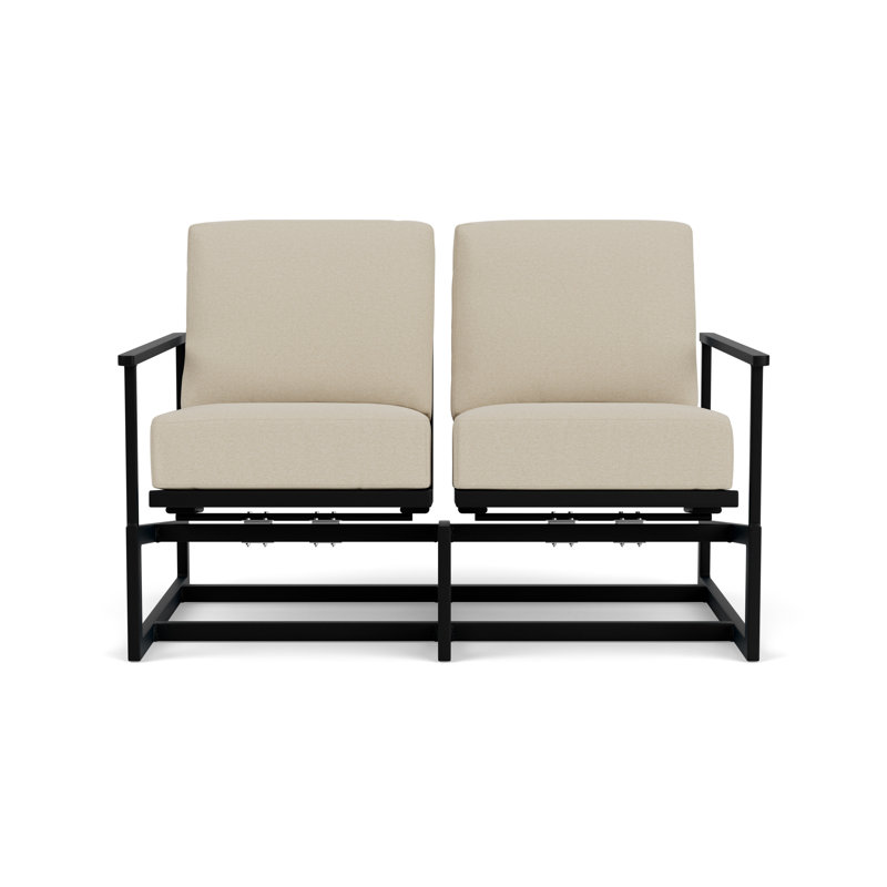 Outdoor Summit Rocker Bench with Cushions, White, Rumba Straw, Ebony