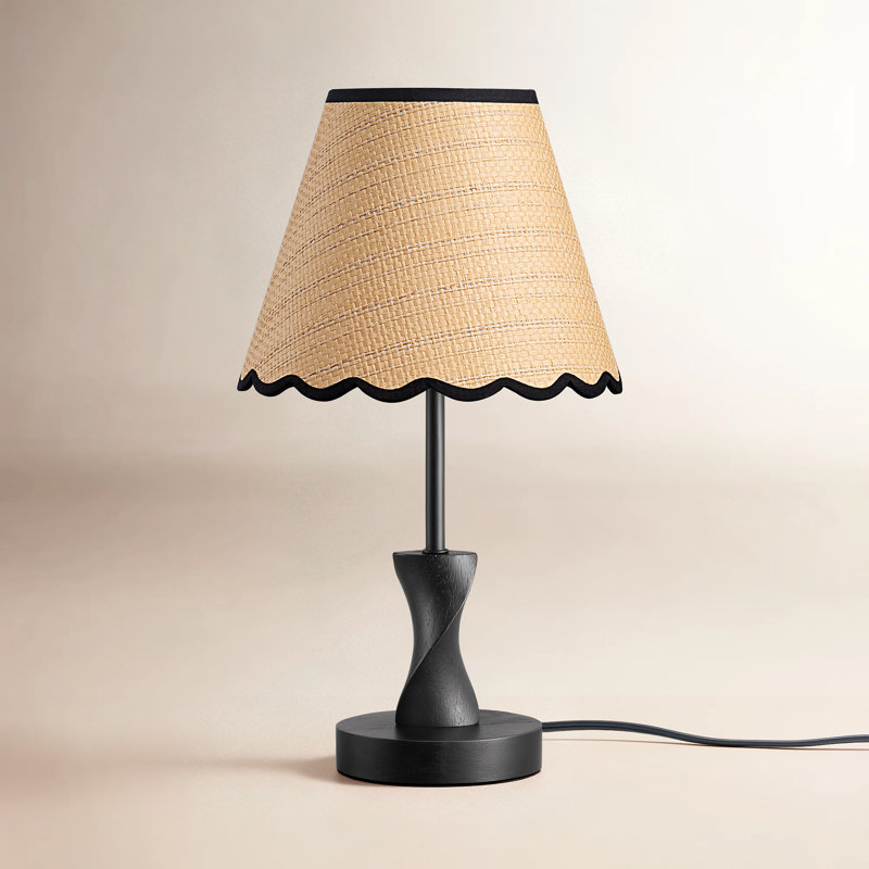 15.35" Solid Wood Table Lamp with Scallop Shade for Living Room Bedroom, Bedside Table